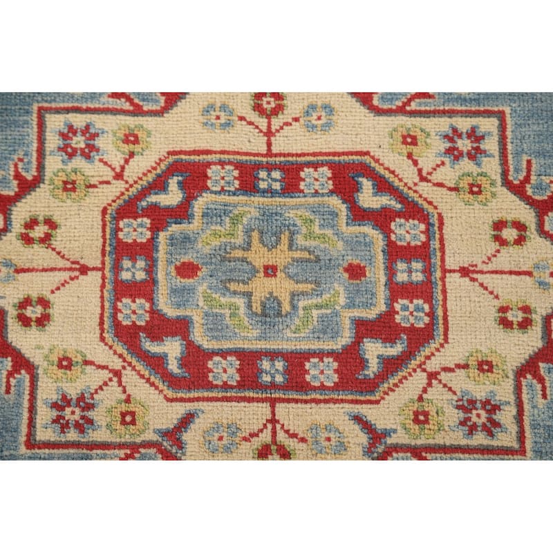 Blue Geometric Kazak Area Rug Handmade Wool Carpet - 5'0" x 6'6"