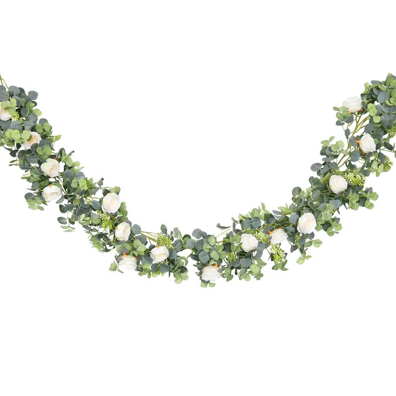 Cream White Artificial Rose Berry Eucalyptus Leaf Vine Hanging Plant Greenery Foliage Garland 6.5ft - Cream White - 78" L x 7" W x 7" DP