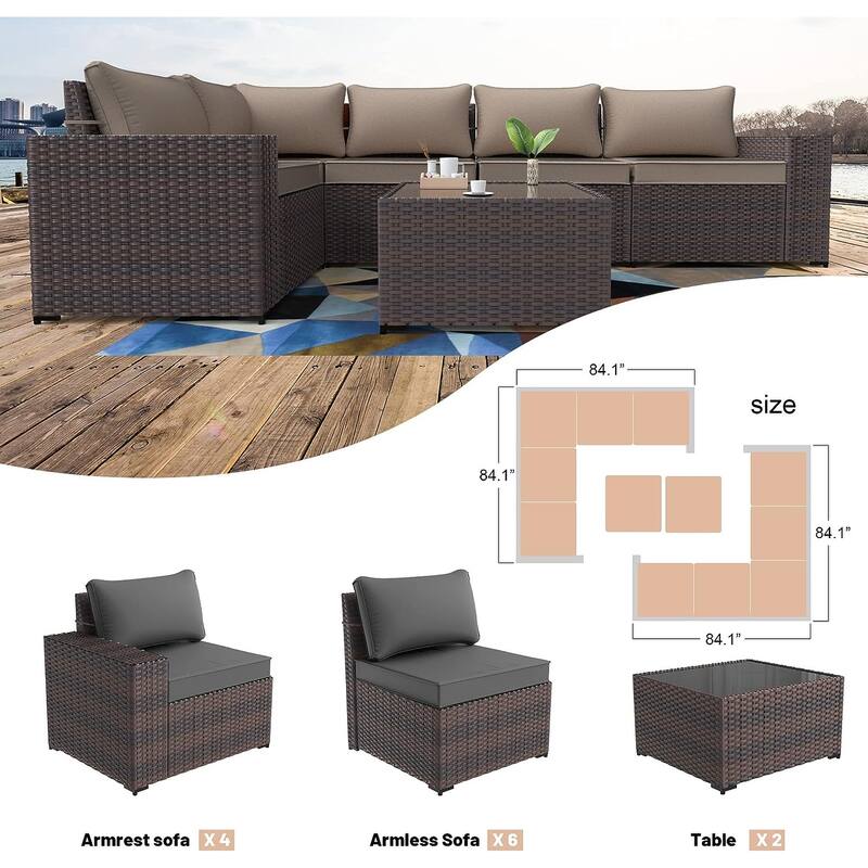 Kullavik 12 Pieces Outdoor Patio Furniture Set Sectional Rattan Sofa Set with Tempered Glass Table