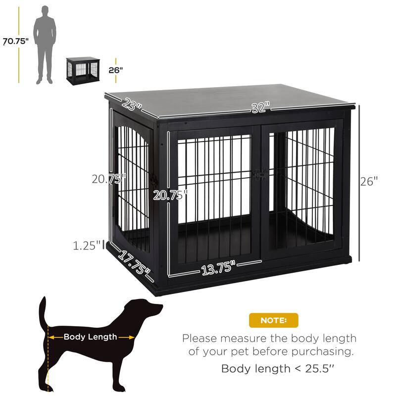 PawHut Dog Crate Furniture, Small Dog Cage End Table with Two Opening Sides, Lockable Door, Puppy Kennel Indoor - Black