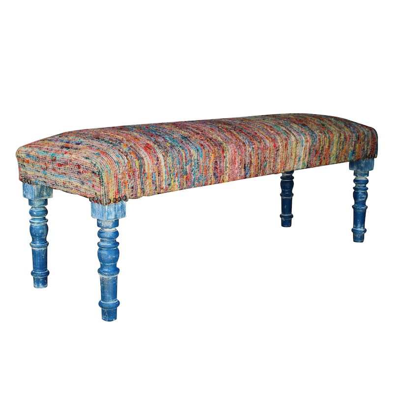 HomeRoots 47" Rainbow Stripe Blue Leg Upholstered Bench - 47 x 18 x 16
