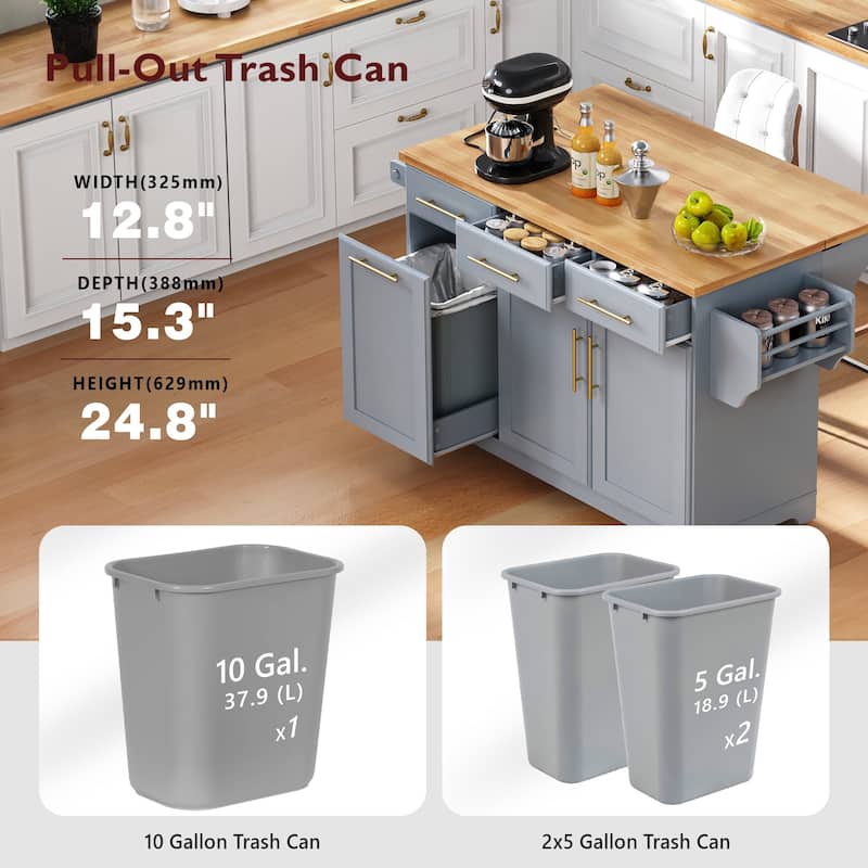 Rolling Kitchen Island Cart with 2 Pull Out Cabinet Organizers, Drop Leaf, Trash Can Storage, Power Outlet, Spice, Towel Rack