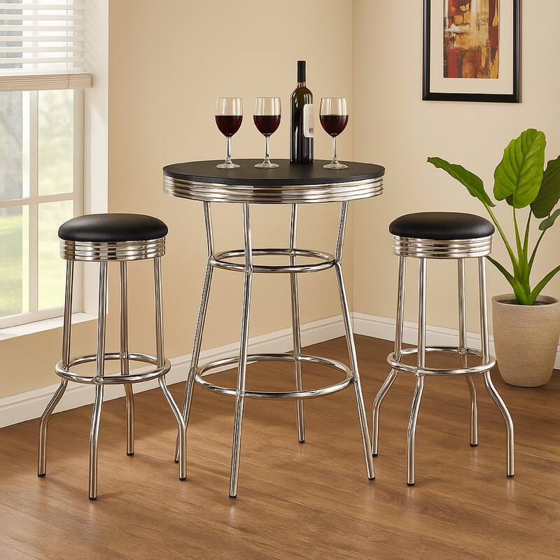 Loy 3 Piece Retro Bar Table Set, Round Black Top, 2 Stools, Chrome