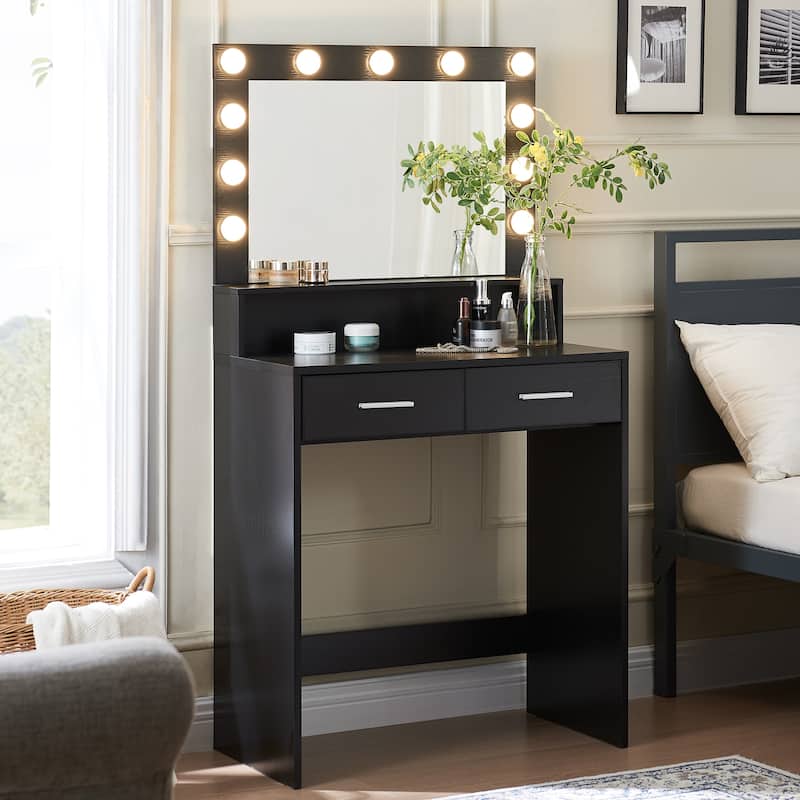 Roomfitters Makeup Vanity with Lights, Vanity Desk with 2 Drawers, Dressing Table with Mirror, Vanity Desk with Storage - Black