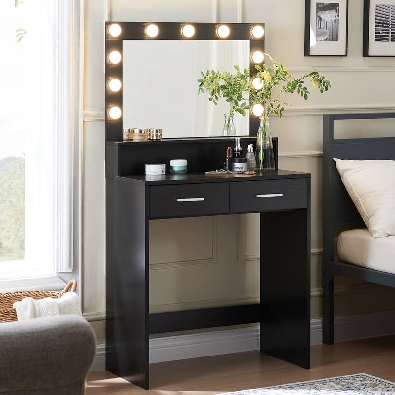Small Vanity Table with 2 Drawers 3 Light Modes Makeup Mirror - Black