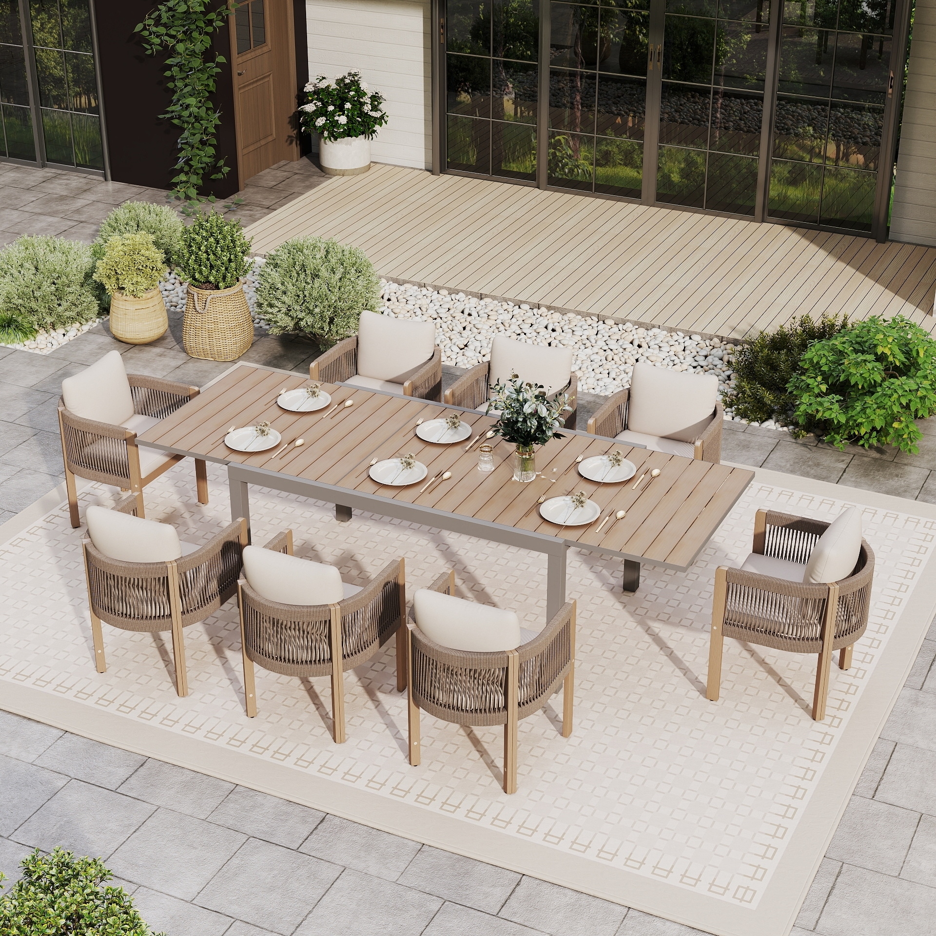 Extendable Aluminum Patio Dining Set, Acacia Wood & Rope-Woven Outdoor Chairs with Removable Polyester Cushions