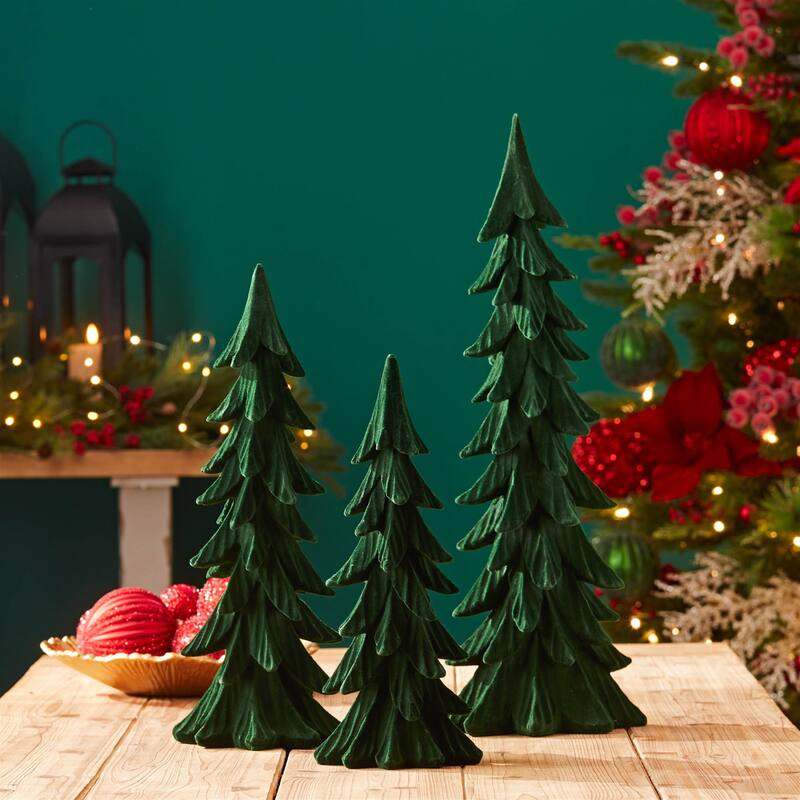 Set of 3 Velvet Resin Pine Tree Decor Modern Holiday Decoration for Mantel or Shelf Display - 6.75”L x 5”W x 17”H