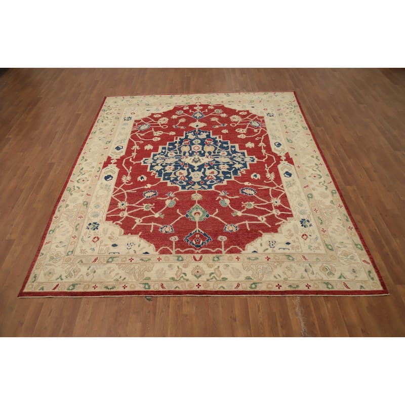 Hand Knotted Oriental 100% Wool Carpet Transitional Medallion Red Oushak Area Rug - 9' 8'' X 8' 2''