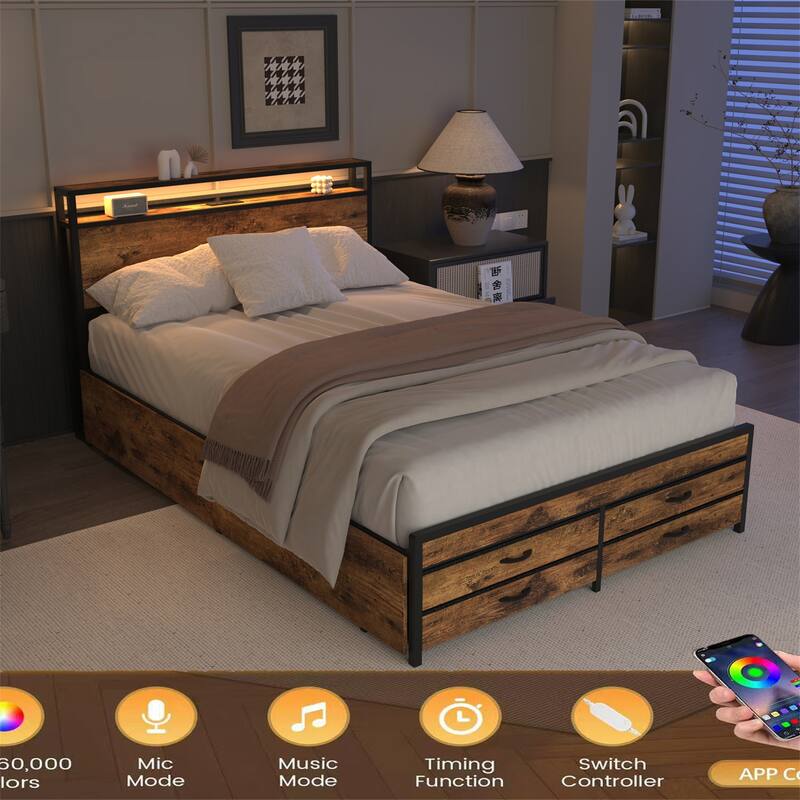 Full/Queen Size Metal Bed Frame w/ Drawers,LED Headboard,Charging Station