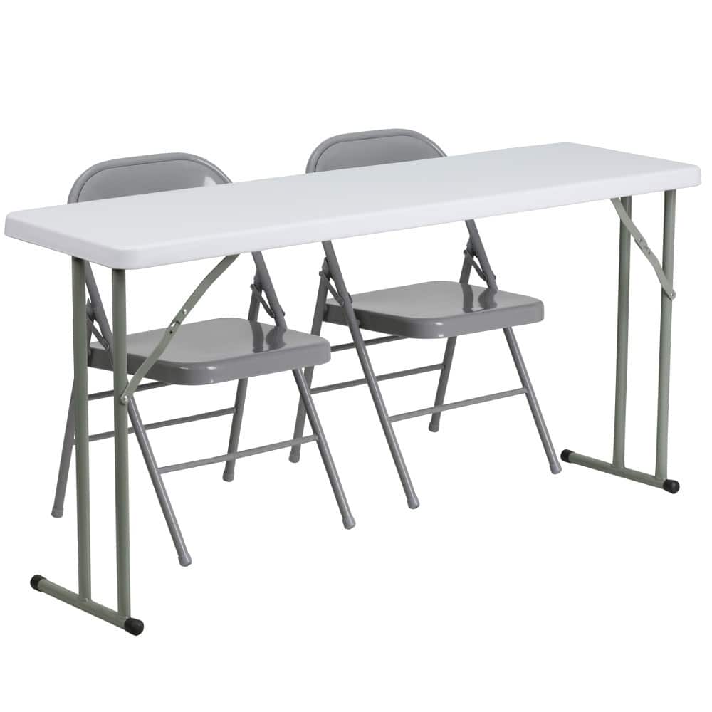 18" x 60" Plastic Folding Training Table Set with 2 Gray Metal Folding Chairs