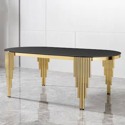 79.53" Black Glass Top oval Dining Table with gold stainless Steel Base for 8 seats