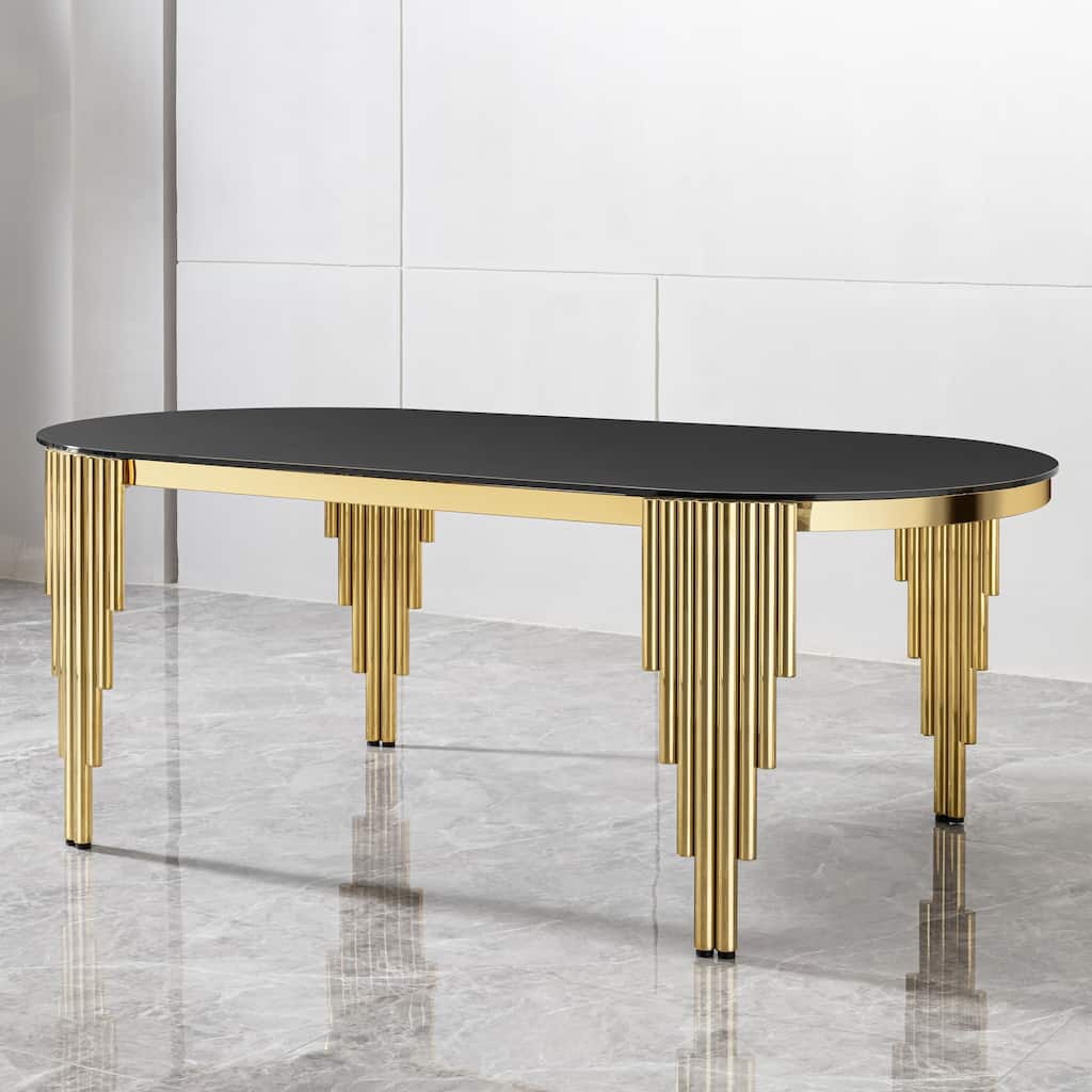 79.53" Black Glass Top oval Dining Table with gold stainless Steel Base for 8 seats