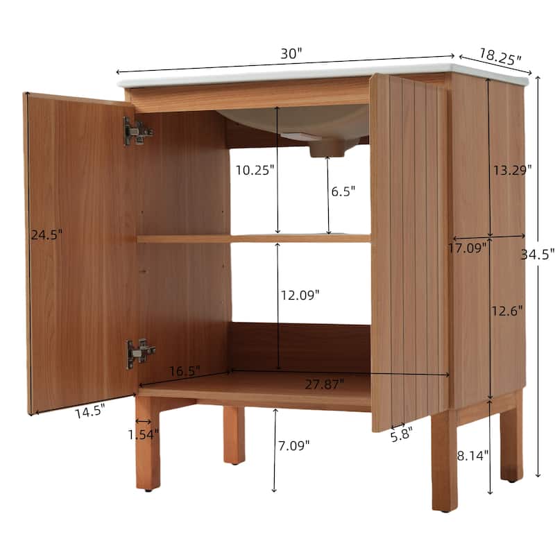 30" Natural Wood Bathroom Vanity with Integrated Sink, 45-Degree Handle-Free Doors, Large Storage & Soft-Close Hinges