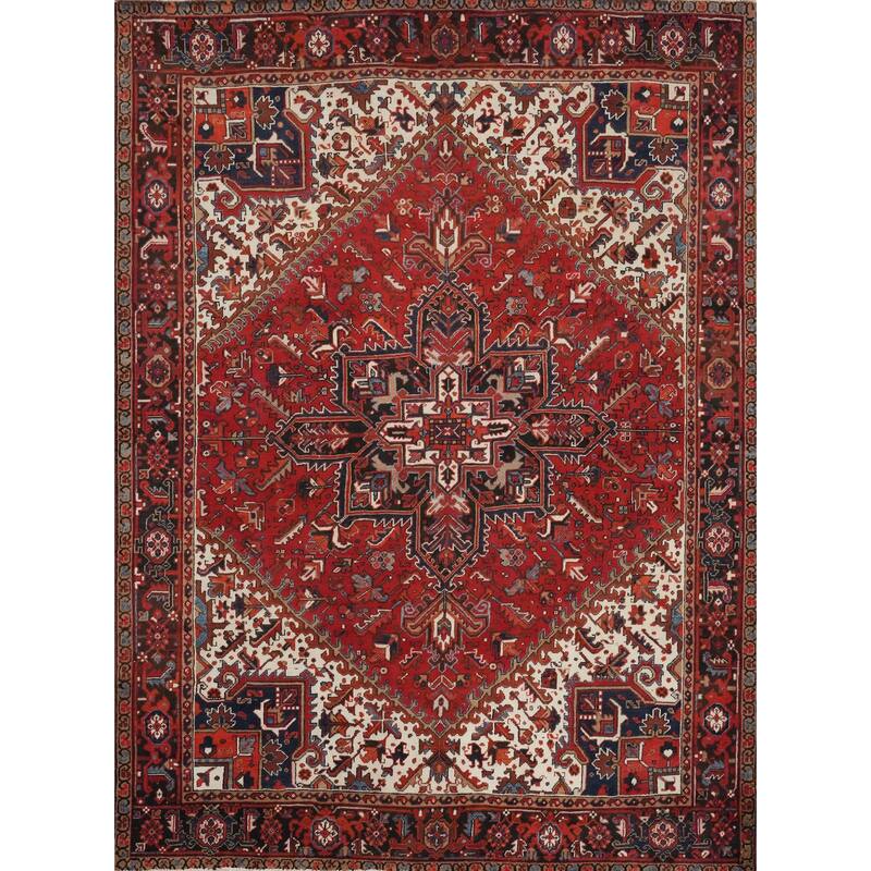Hand Knotted Oriental 100% Wool Carpet Traditional Floral Red Heriz Area Rug - 9' 7'' X 8' 2''