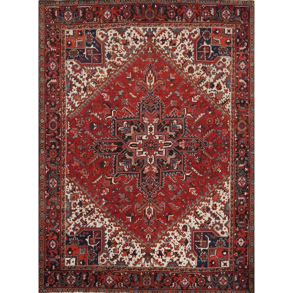 Hand Knotted Oriental 100% Wool Carpet Traditional Floral Red Heriz Area Rug - 9' 7'' X 8' 2''