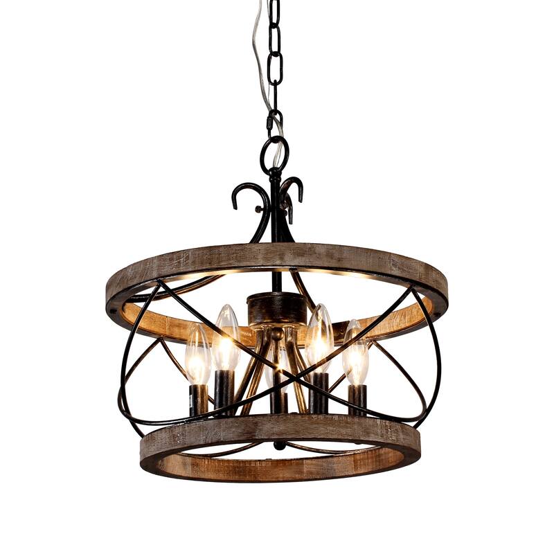 Bella Depot 5-Light Rustic Cage Wood Chandelier Dimmable Lighting, Adjustable Farmhouse Pendant Light for Small Room