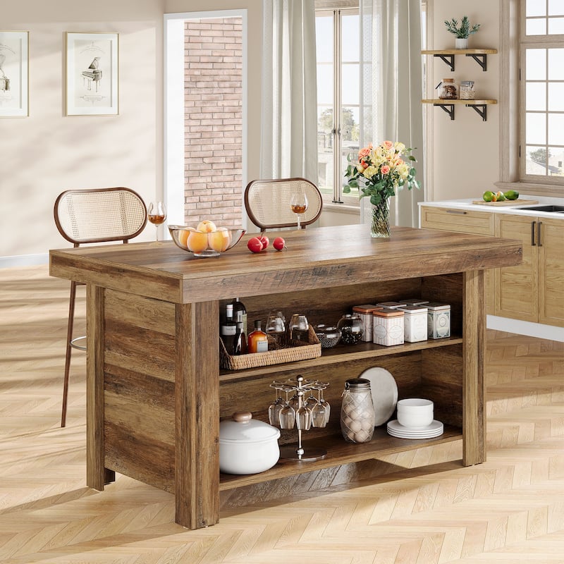 55" Kitchen Island with Storage, Farmhouse Counter Height Bar Table - Rustic Brown
