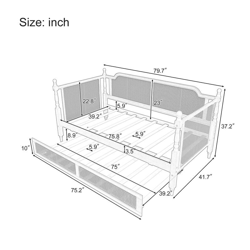 Rattan Daybed with Drawers/Twin Size Trundle, Bed Frame with Footboard