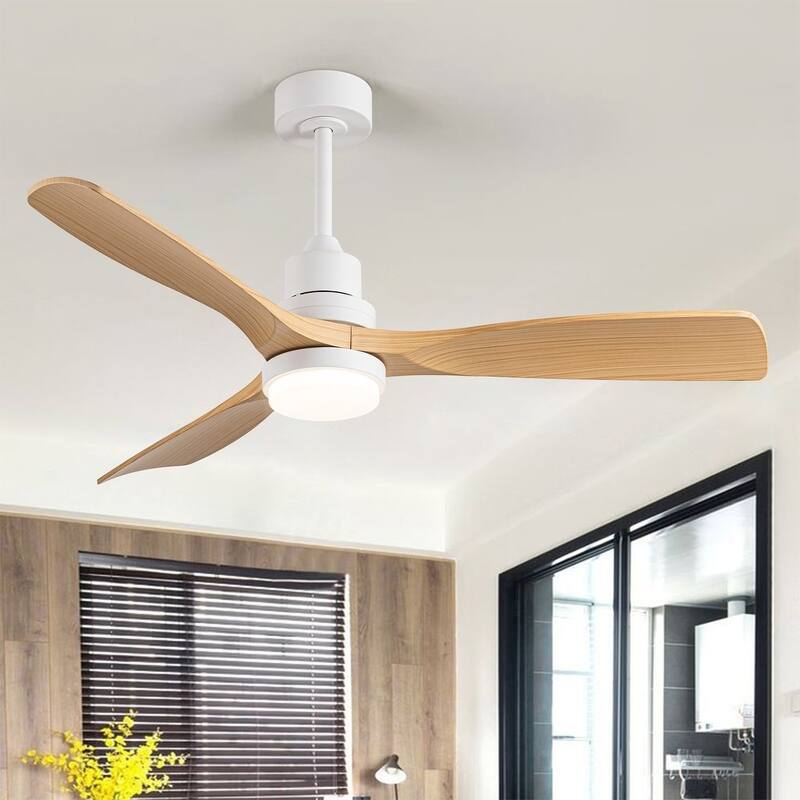 52 Inch 3-Blade LED Indoor&Outdoor Ceiling Fan with Light and Remote - White Canopy/Light Wood Blades