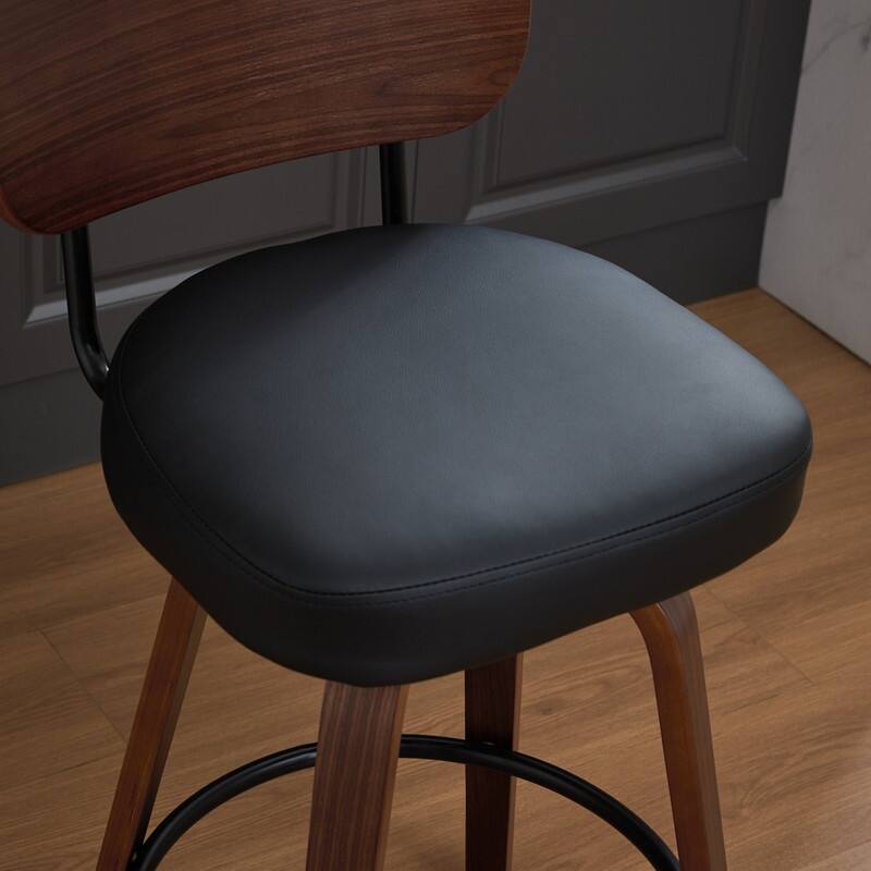Swivel Bar Stools Set of 2, 26" Modern Faux Leather Counter Stools with Walnut Finish & 360 Degree Spin