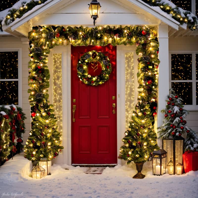 4 Pcs Artificial Christmas Set, Garland, Wreath and Set of 2 Entrance Trees X-mas with LED Lights - N/A - Green