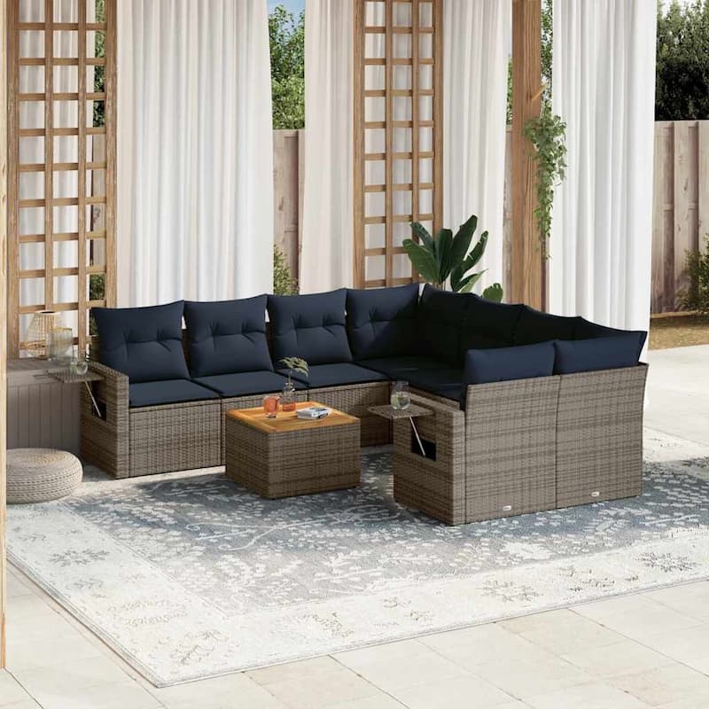 vidaXL 9 Piece Patio Sofa Set with Cushions Black Poly Rattan - 24.4" x 24.4" x 27.2" - Grey and blue