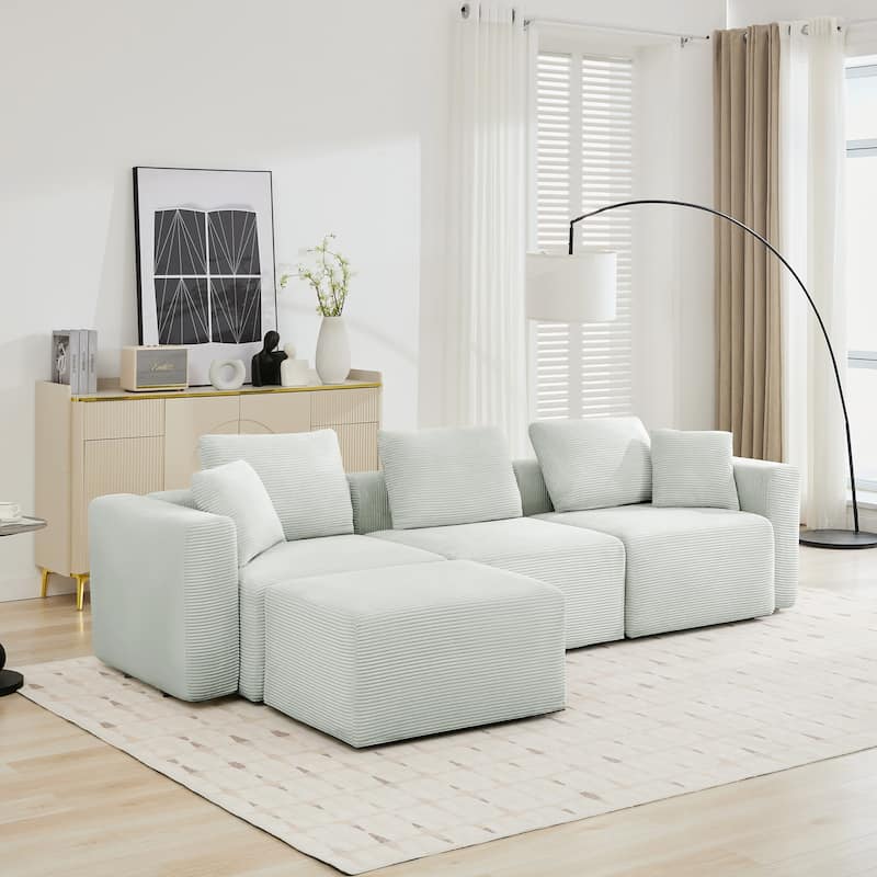 Corduroy Sectional Modular Sofa with Square Arms & Ottoman Extension for Flexible Arrangements