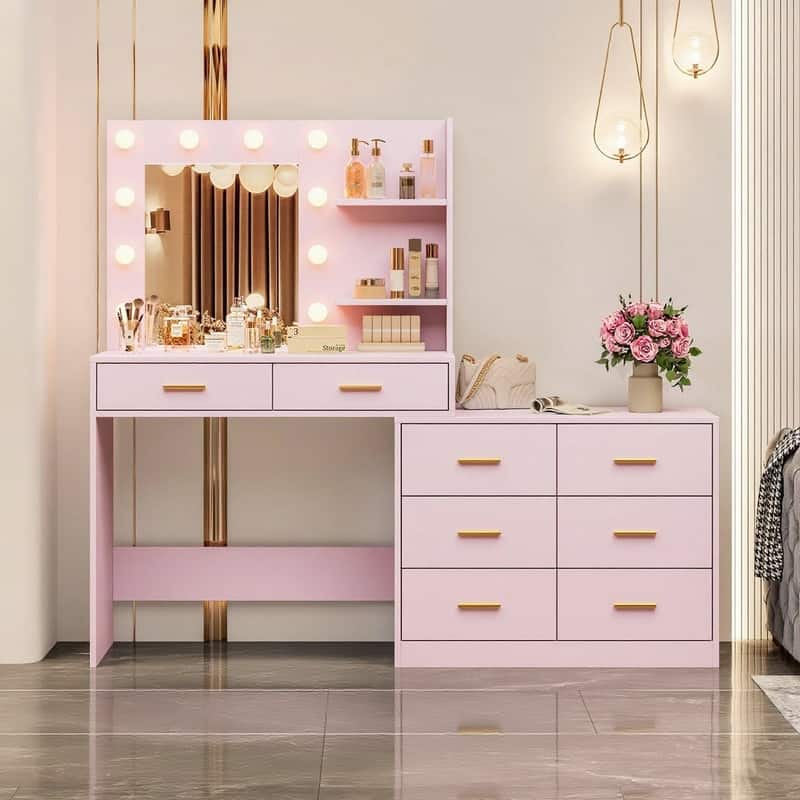 61" Makeup Vanity Desk with Mirror and Lights, 8 Drawers, 2 Shelves - Pink
