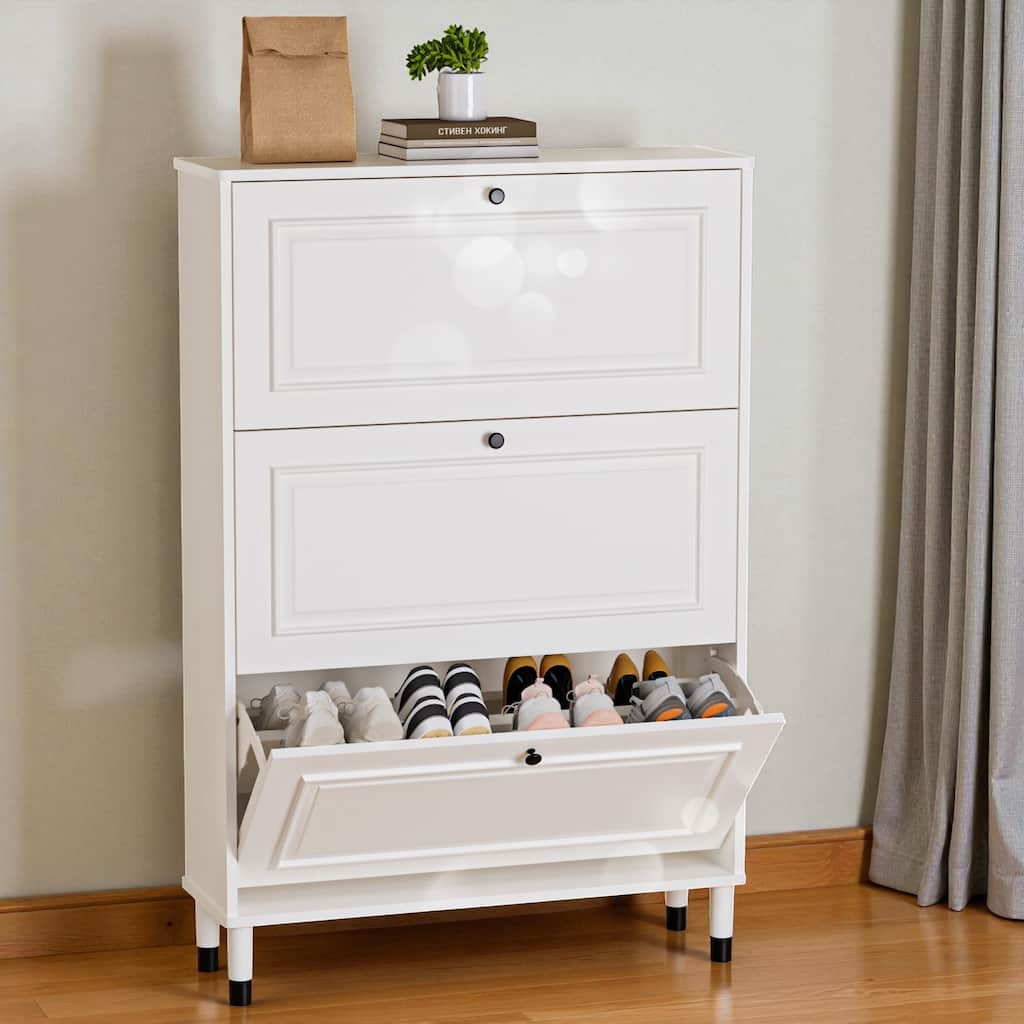 Freestanding Narrow Shoe Storage Cabinet with 3 Flip Doors, Slim Entryway Shoe Rack Organizer for Small Spaces