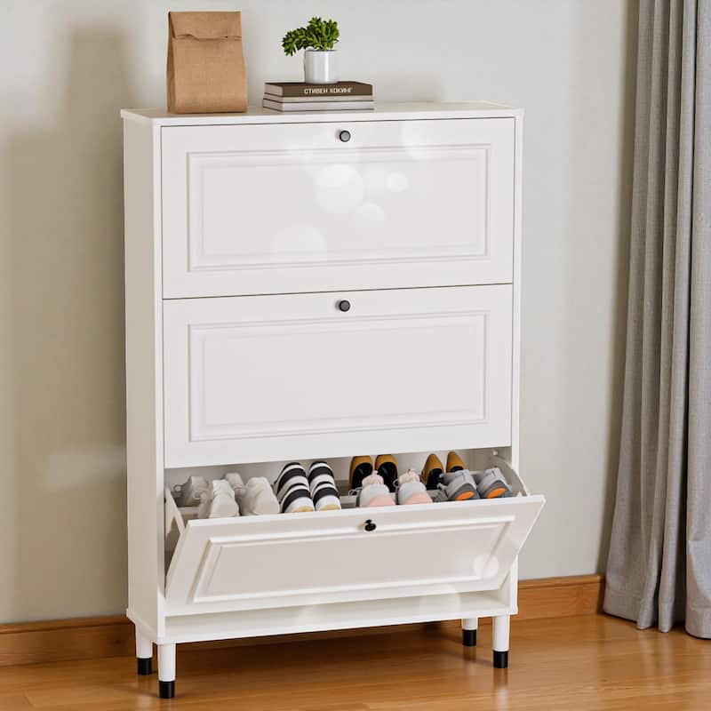 Freestanding Narrow Shoe Storage Cabinet with 3 Flip Doors, Slim Entryway Shoe Rack Organizer for Small Spaces - White