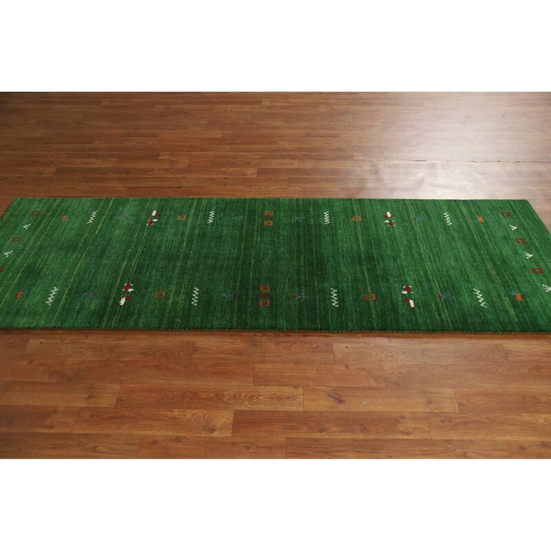 Green Gabbeh Indian Runner Rug Handmade Tribal Wool Carpet - 2'7" x 7'7"