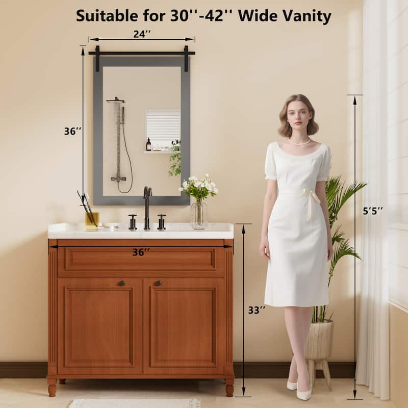 Farmhouse Rectangular Wood Frame Wall Mirror, Rustic Barn Door Bathroom Vanity Mirror