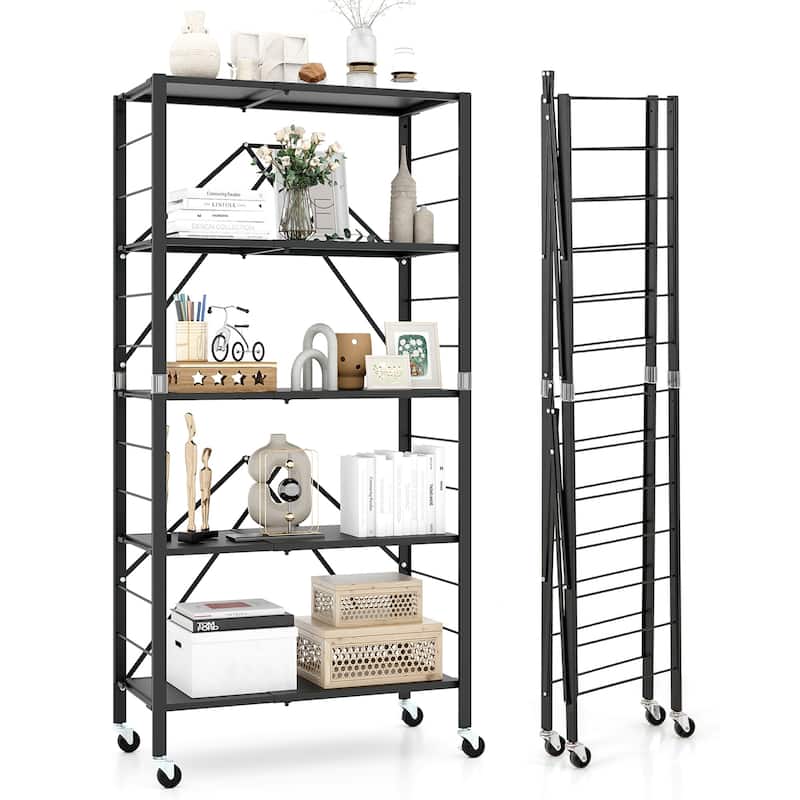 Gymax 5-Tier Foldable Storage Shelf w/ Wheels Adjustable Shelves Metal - Black