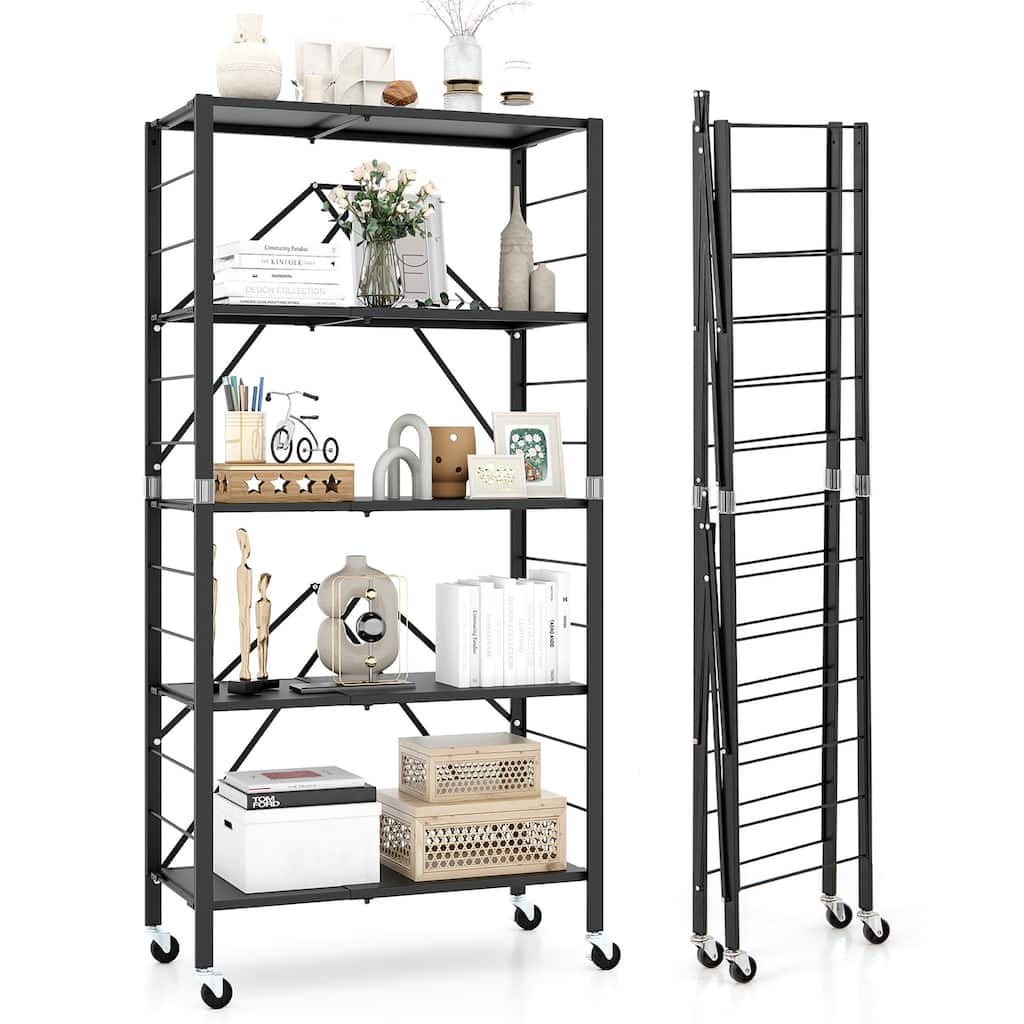 Gymax 5-Tier Foldable Storage Shelf w/ Wheels Adjustable Shelves Metal