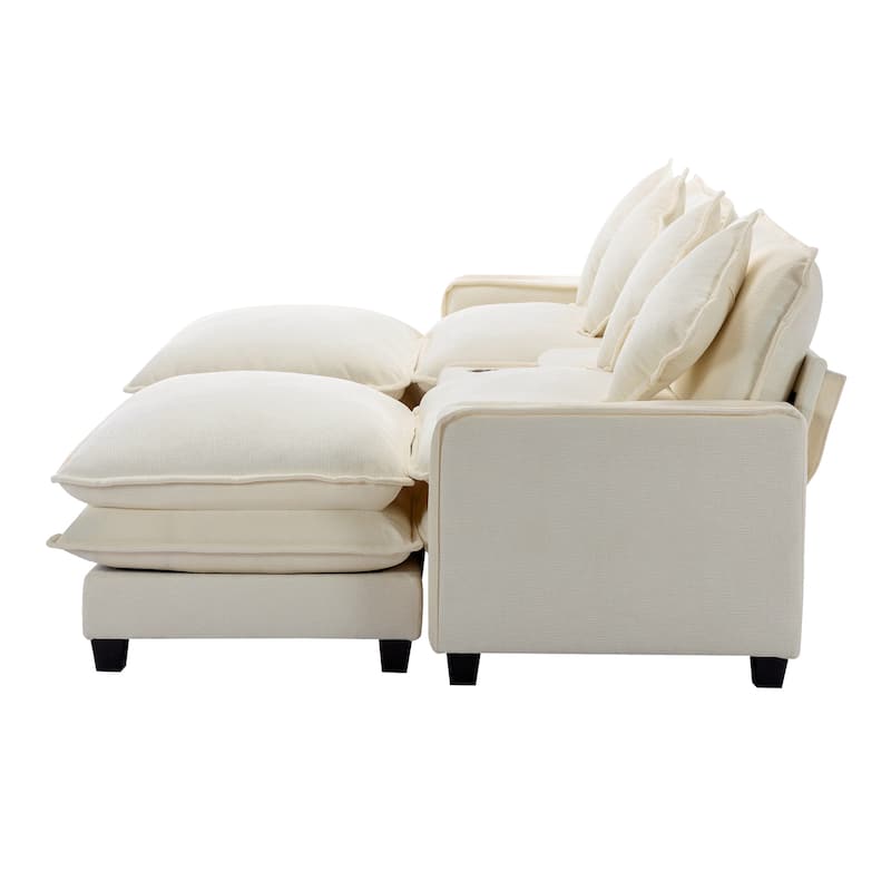 111" Beige Chenille Sectional Sofa with 2 Ottomans, 2 USB Ports, 2 Cup Holders & Storage