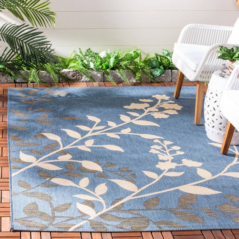SAFAVIEH Courtyard Edine Botanical Indoor/ Outdoor Waterproof Patio Backyard - 6' 7" x 9' 6" - Blue/Beige - Rectangle