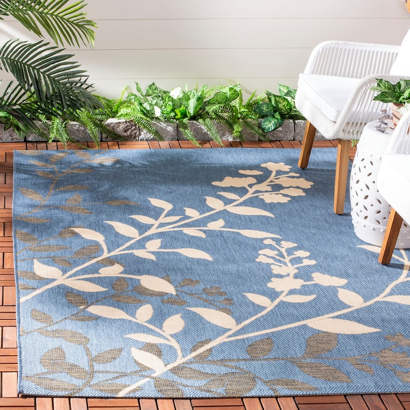 SAFAVIEH Courtyard Luann Botanical Indoor/ Outdoor Waterproof Patio Backyard Rug - 6'7" x 9'6" - Blue/Beige