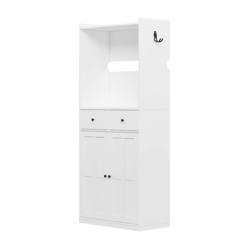 74" Garage Storage Cabinet with EV Charger Stand, Freestanding Charging Station Organizer with Hooks, 2 Drawers & 2 Doors