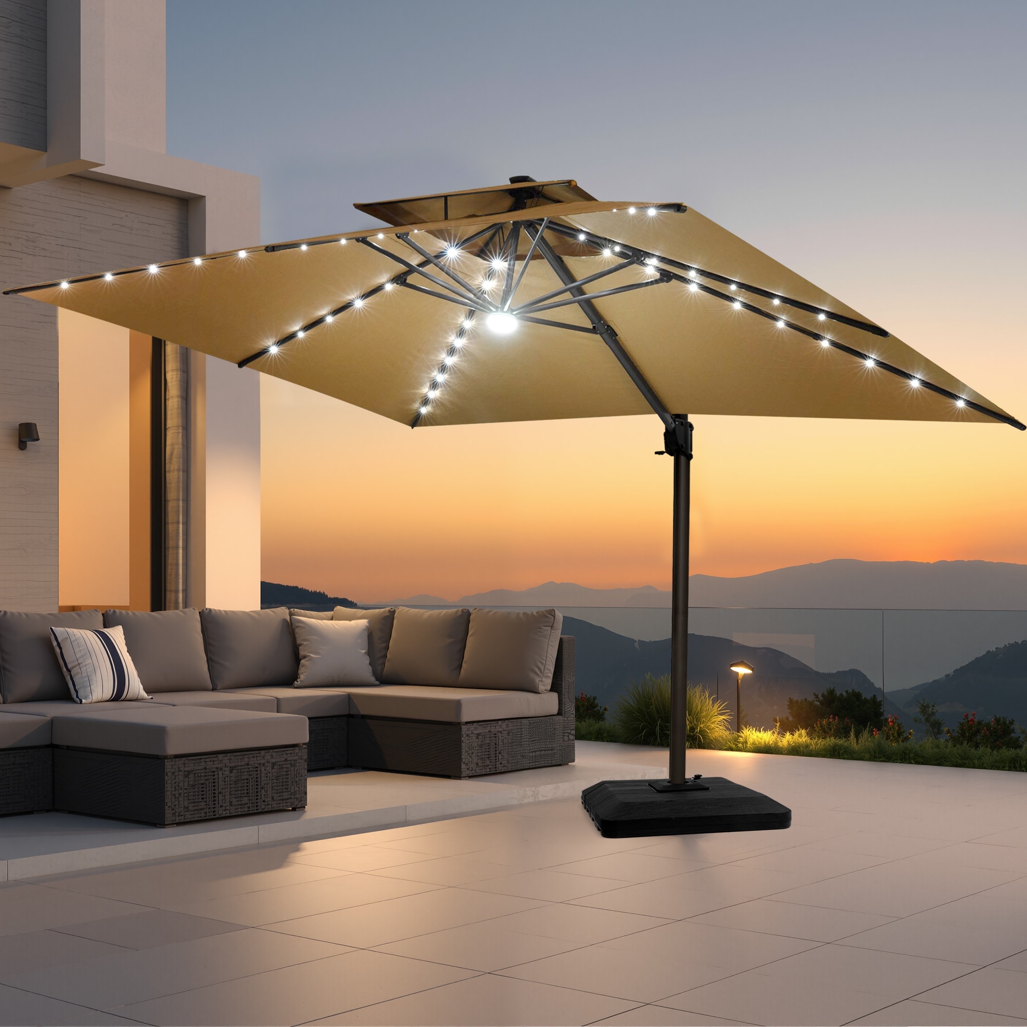 11-foot rectangular aluminum solar patio umbrella in olive 9/10/11/12ft LED Square Cantilever Transform your outdoor space into a stylish oasis with our premium 11x11 FT Cantilever Patio Umbrella 10/11/12ft Solar LED Round Cantilever