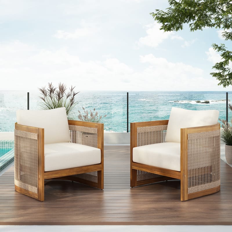 [Set of 2] Premium Acacia Wood Outdoor Club Chair, Curved Tub Design with Woven Rope Accents, Water-Resistant Cushions - Teak+ Beige