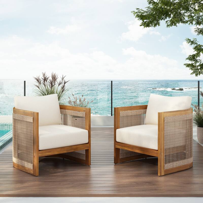 All-Weather Slat Construction Outdoor Club Chair, Curved Design w/ Woven Rope Accents & Water-Resistant Cushions - Teak-Beige