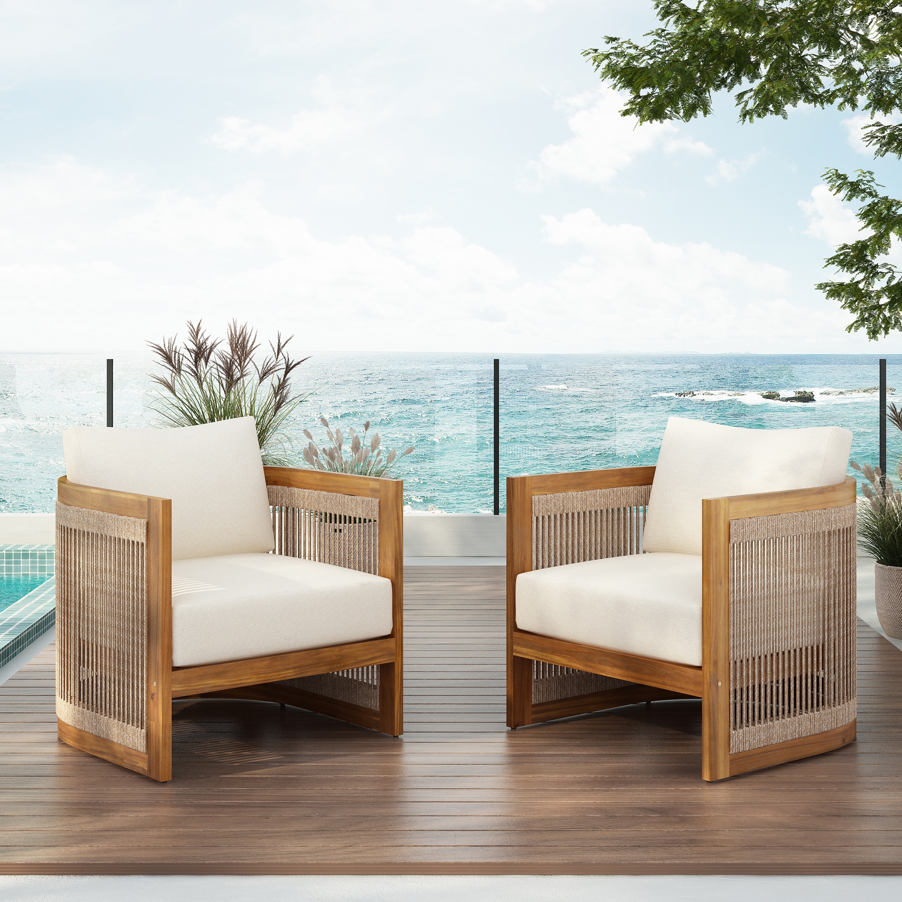 Christopher Knight Home Olivia Bennett Premium Acacia Wood Outdoor Club Chair with Curved Tub Design and Woven Rope Accents