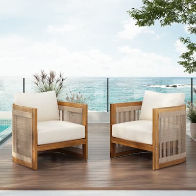 Premium Acacia Wood Outdoor Club Chair, Curved Tub Design with Woven Rope Accents, Water-Resistant Cushions set of 2