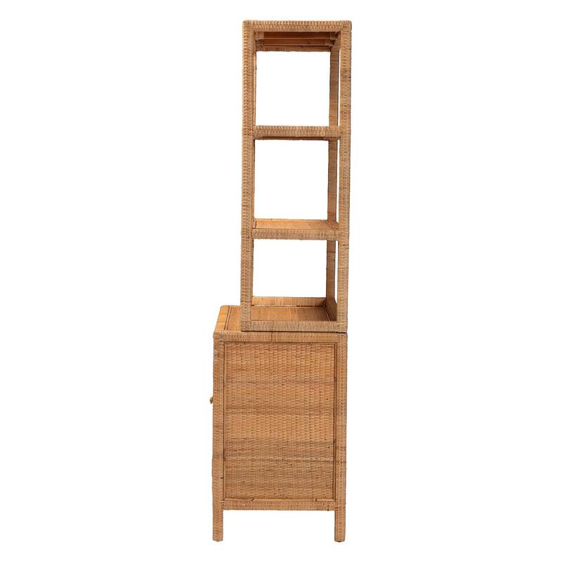 Mortis Natural Rattan Display Shelf with 2-Door Storage Cabinet - Coastal Boho Wicker Bookcase or Hutch for Living Room