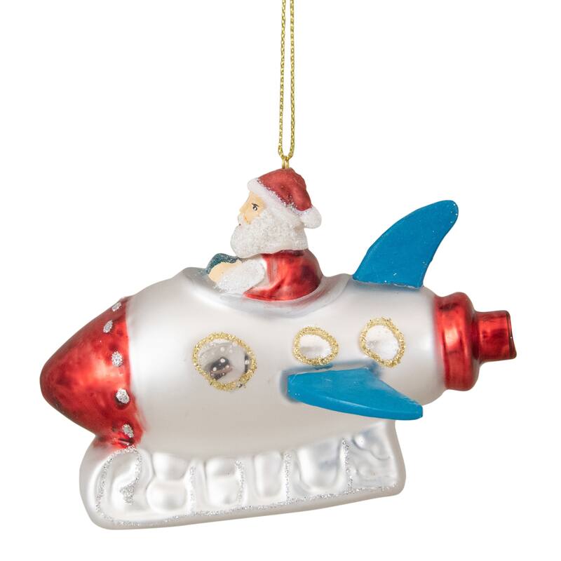 Santa in a Rocket Ship Glass Christmas Ornament - 4.25" - Silver