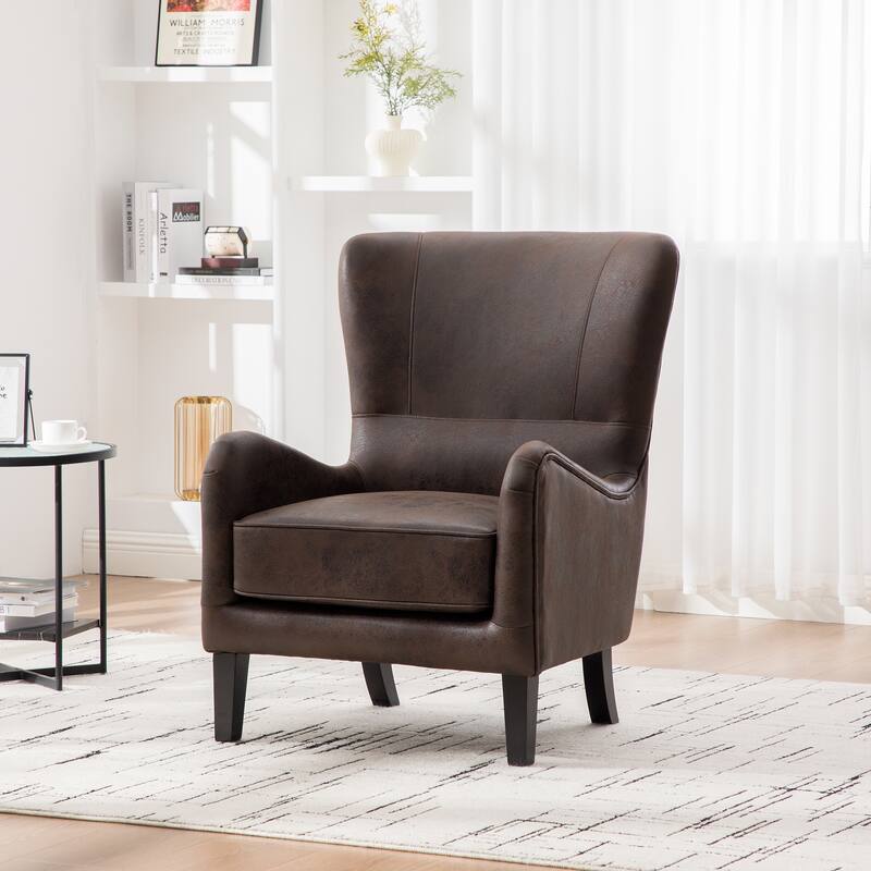 28"W PU High Back Upholstered Accent Chair, Retro Wingback Arm Chair ,Single Sofa Bedroom Reading Seat with Solid Wood Legs