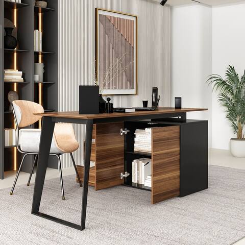 FAMAPY Home Office Desk L-Shaped Desk with Drawers Cabinet Corner Desk
