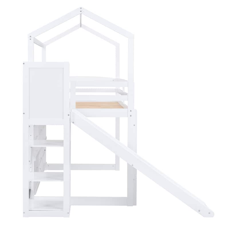 Twin Size Wood Loft Bed with Slide, Storage Shelves, and Light in White