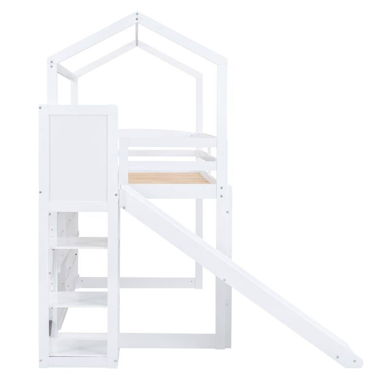Wooden Playhouse Loft Bed with Trundle, Slide, and Storage Shelves