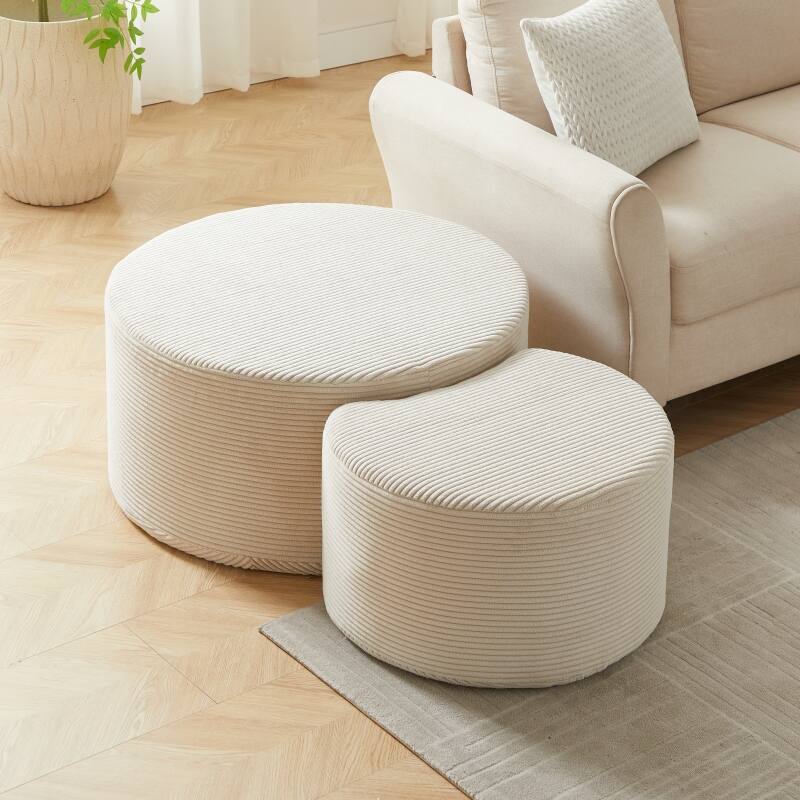 Roomfitters Nesting Ottoman Coffee Table Set of 2, Upholstered Round Foam Tables for Living Room